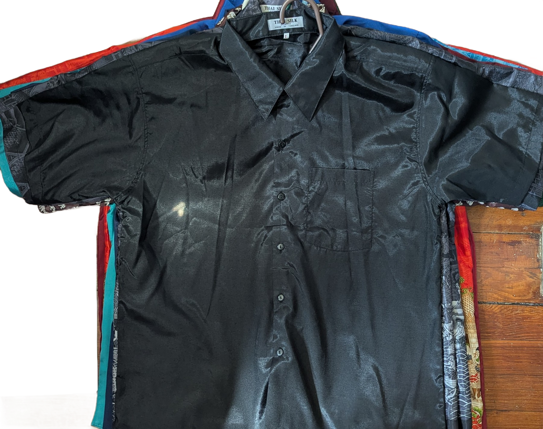 Thai Silk Shirt - Black Jacquard Short Sleeve