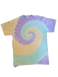 เสื้อยืดมัดย้อมลายเกลียวสีฟ้า เหลือง และม่วง