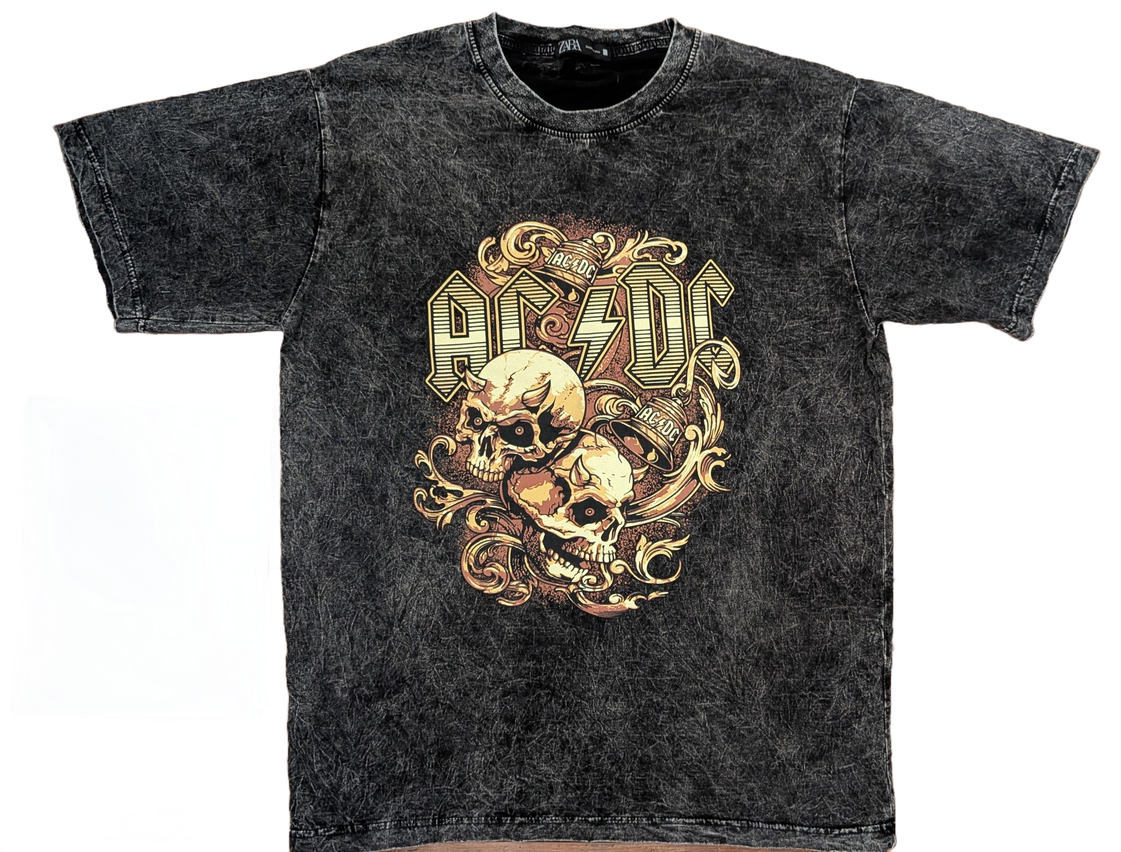 AC/DC Skull & Scrollwork Acid Wash T-Shirt – Charcoal