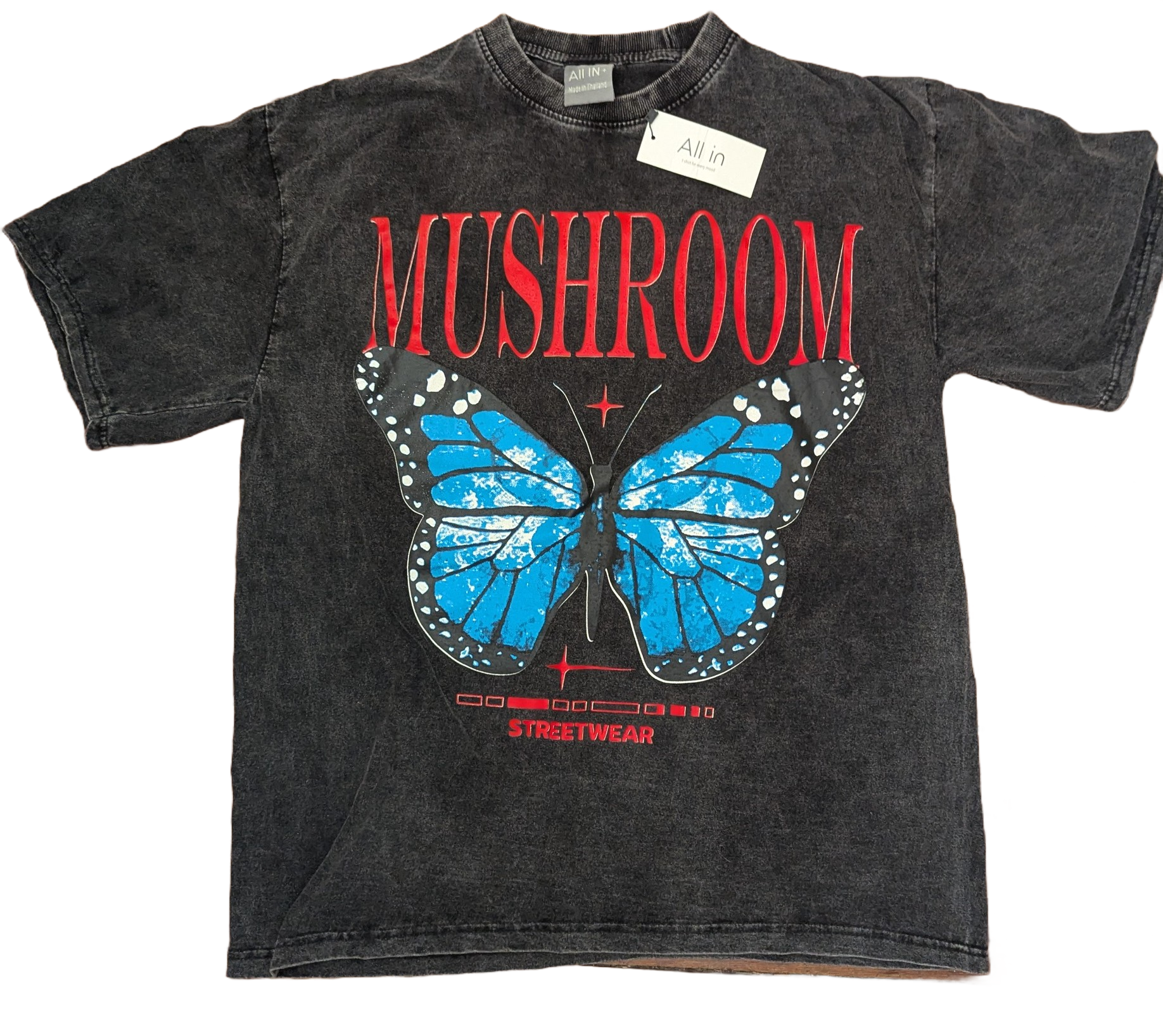 Mushroom Streetwear Blue Butterfly Acid Wash T-Shirt – Charcoal