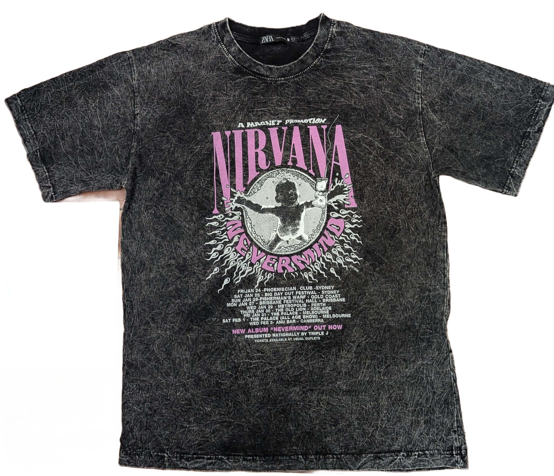 Nirvana Nevermind Australia Tour Acid Wash T-Shirt – Charcoal