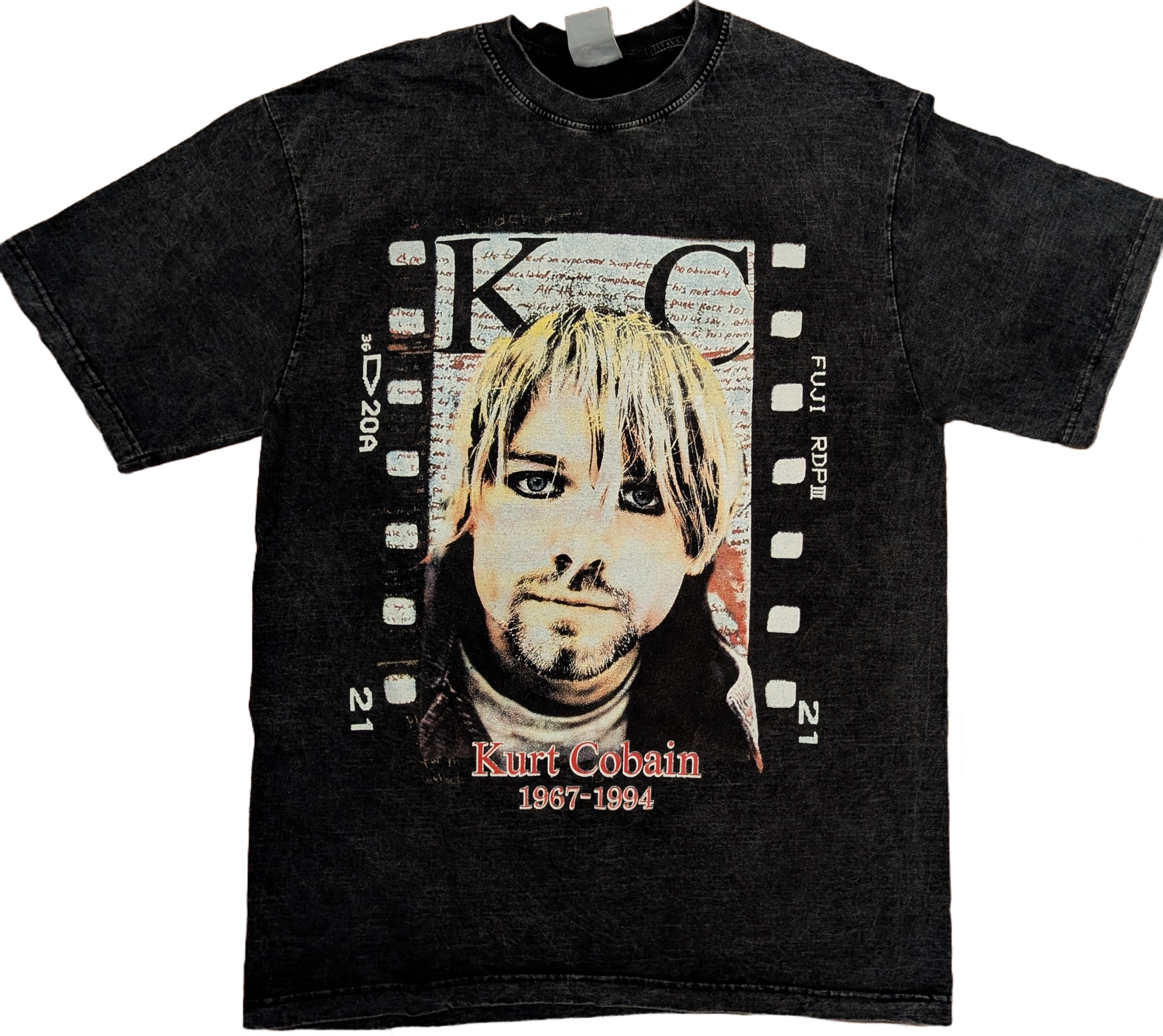 Kurt Cobain 1967–1994 Film Strip Memorial Acid Wash T-Shirt – Charcoal