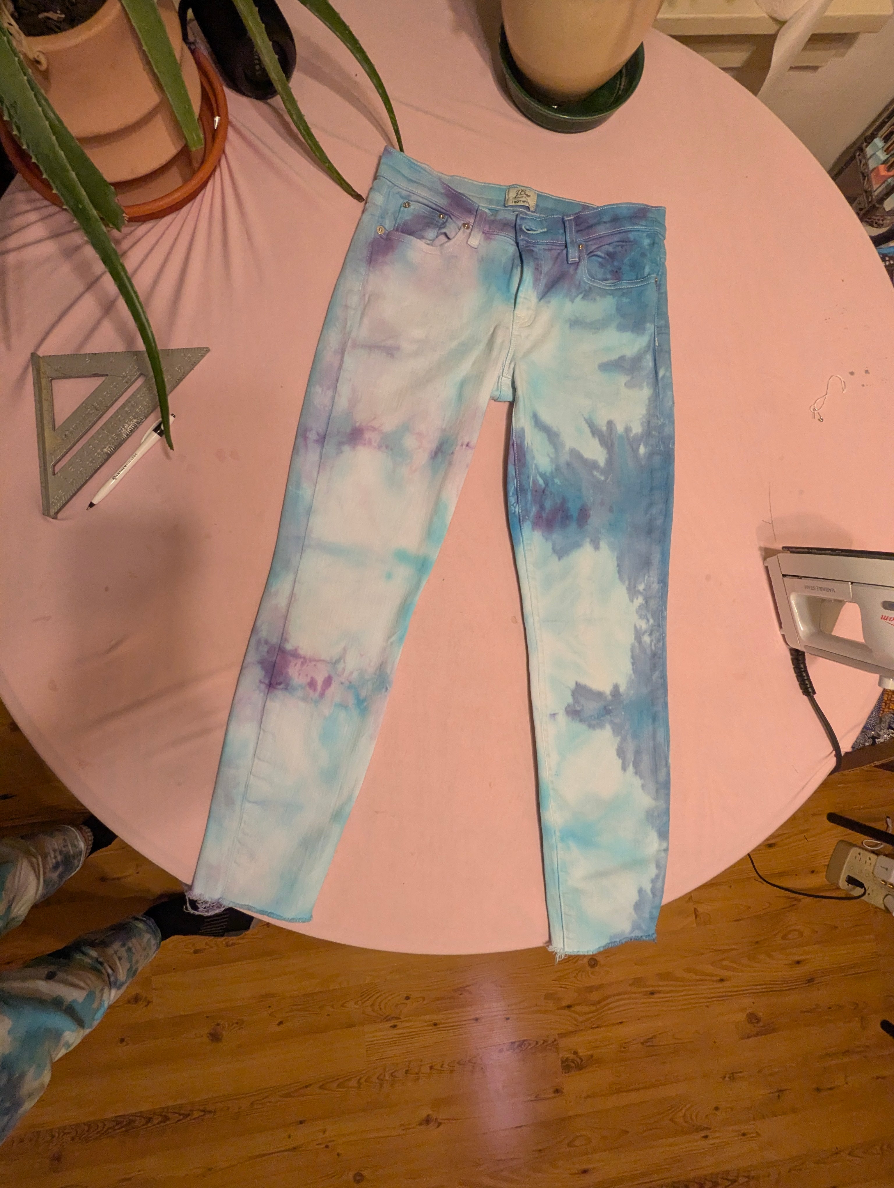Blue & Teal Tie-Dye Skinny Jeans – Raw Hem | Handmade