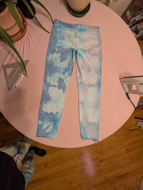 Blue & Teal Tie-Dye Skinny Jeans – Raw Hem | Handmade